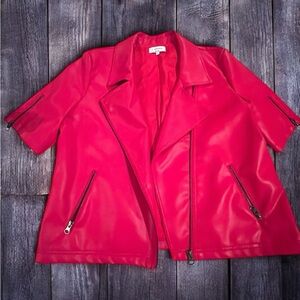 J. Society Red Faux Leather Lined Jacket with Black Zipper Accents, size Lg